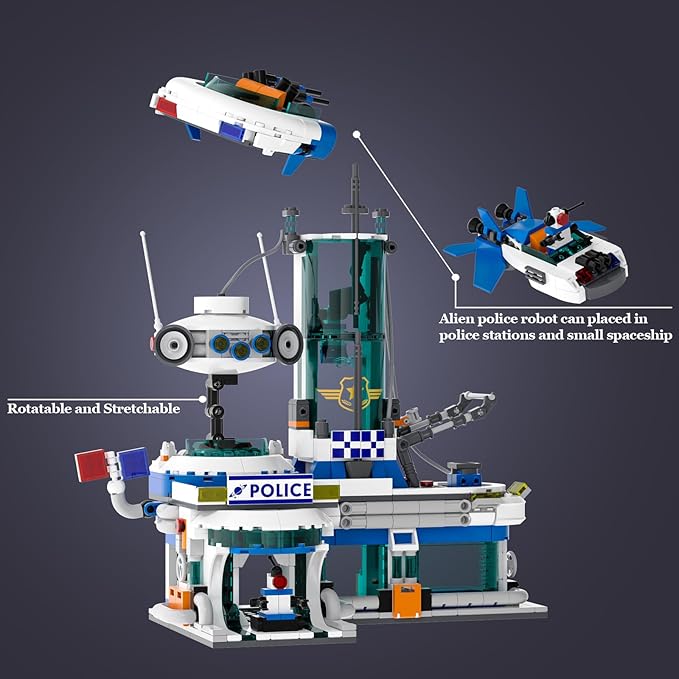 QLT Space Police Station Builidng Set, 905 Pcs Building Toy Compatible with Lego, Little Spaceship, A Police Robot, Gift for Adult & Boys
