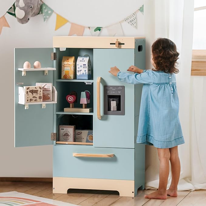 ROBOTIME Toy Kitchen Wooden Fridge, Play Refrigerator for Kids & Toddlers, Wooden Fridge Freezer Set with Ice Maker and Foods, Pretend Play Kitchen Playset for Ages 3+