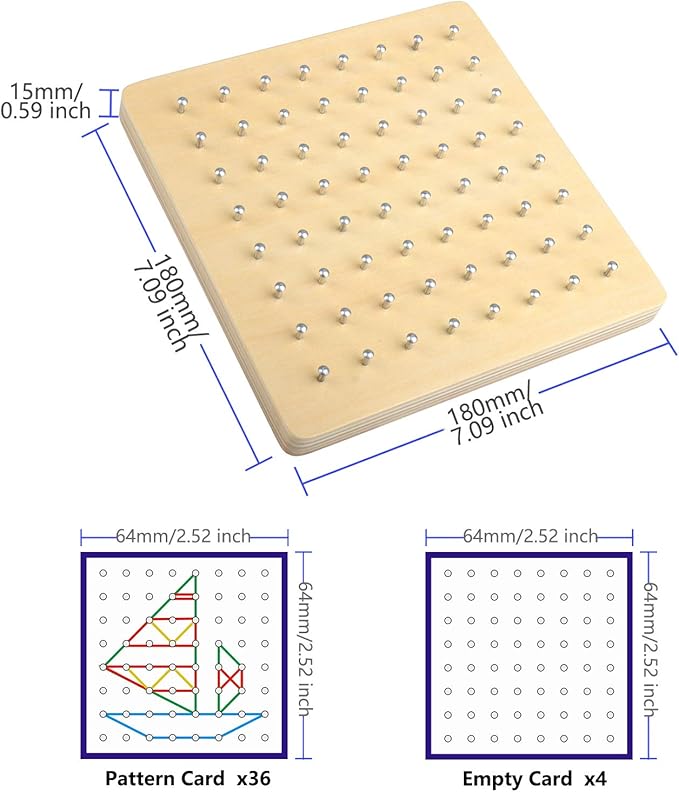 Thoth Montessori Wooden Geoboard Mathematical Manipulative Material Array Block Geo board with 36Pcs Pattern Cards and Rubber Bands Matrix 8x8 for Kids Graphical Educational Toys Early Development Toy