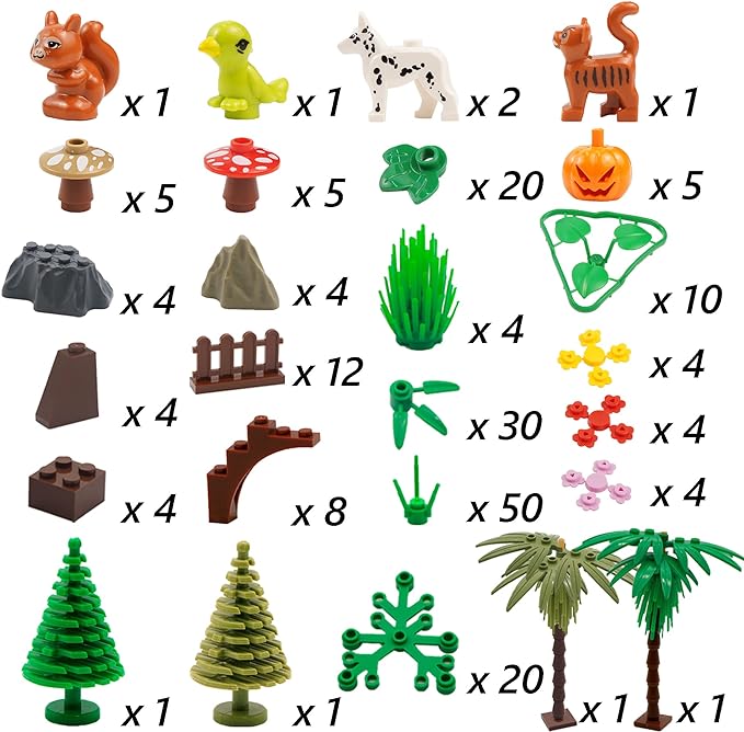 BroTex Plants Tree Accessories Jungle - Botanical Parts Bricks Flower Leaf Forest Flower Plants Pieces Building Blocks Set, Animals Farm Squirrel Birds Grass Garden House Toy (Without Baseplate)