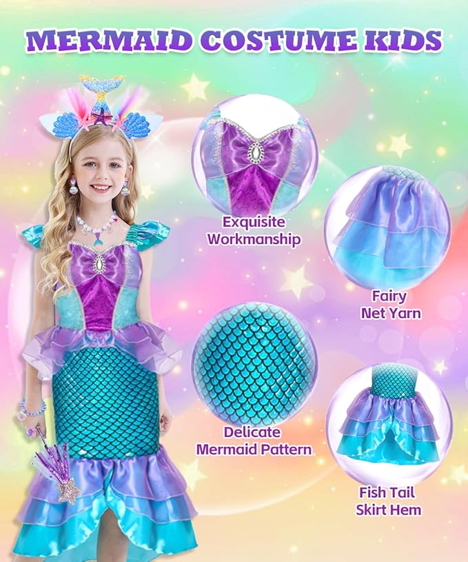 Mermaid Costume Dress, Mermaid Princess Dress for Girls with Wig Headband Necklace for Birthday Party Cosplay