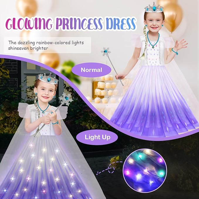 Princess Dresses for Girls, Light Up Princess Dress Up Cloths for Girls, Frozen Costumes for Girls Christmas