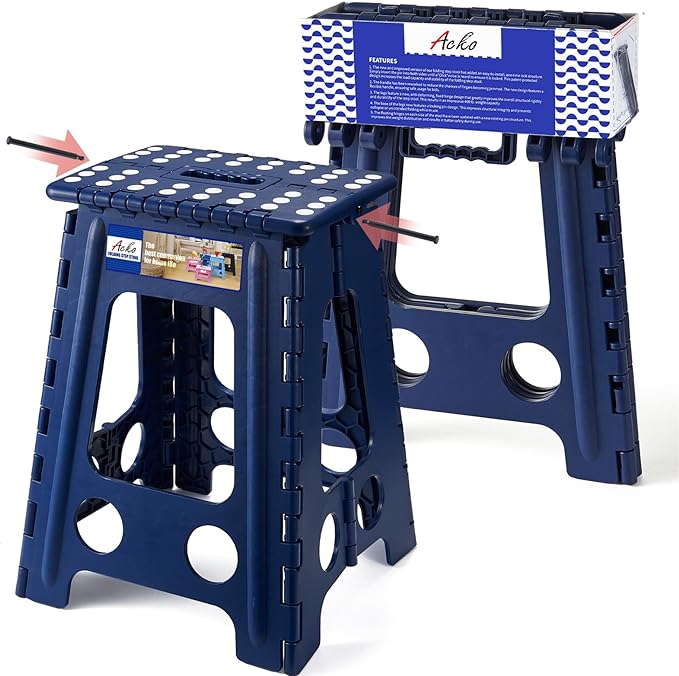 ACKO Folding Step Stool Foldable 17.5 Inch Stool 400 lbs Capacity,Plastic Stools for Adults and Kids,Collapsible Stool for Kitchen, Stepping Stool with Handle(Royal Blue)