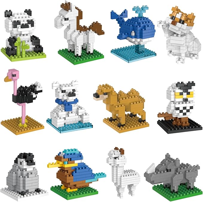 FUN LITTLE TOYS Mini Animals Building Blocks Sets for Goodie Bags, Prizes, Birthday Gifts, Party Favors for Kids 12 Boxes Christmas Stocking Stuffers