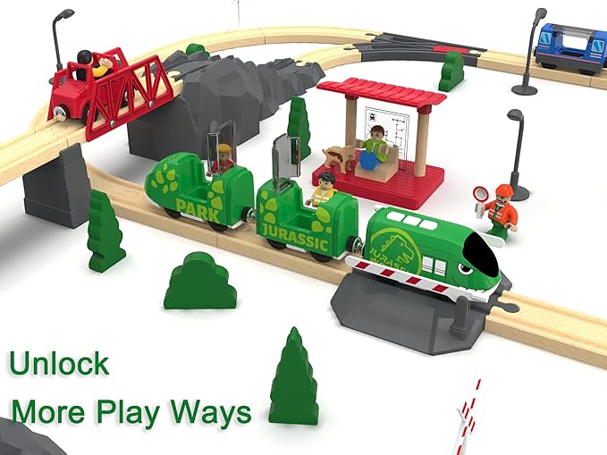 Toy Train Set for Wooden Tracks, Battery Operated Train for Toddlers, Motorized Train with Dinosaur Train for Kids, Electric Train Toy Compatible with Thomas & Friends, Brio