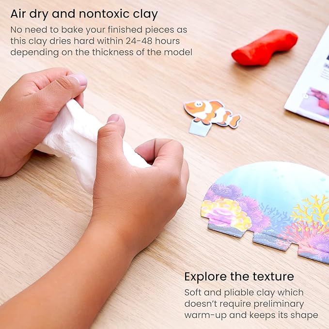 Arteza Kids Air Dry Clay, 42 Bars, Sea Life Stage Modeling Clay Kit, 14 Mini-Stages, 18 Googly Eyes, 3 Glitter Glues, 1 Craft Tool, 7 Instruction Sheets, Craft Supplies for Learning and Developing