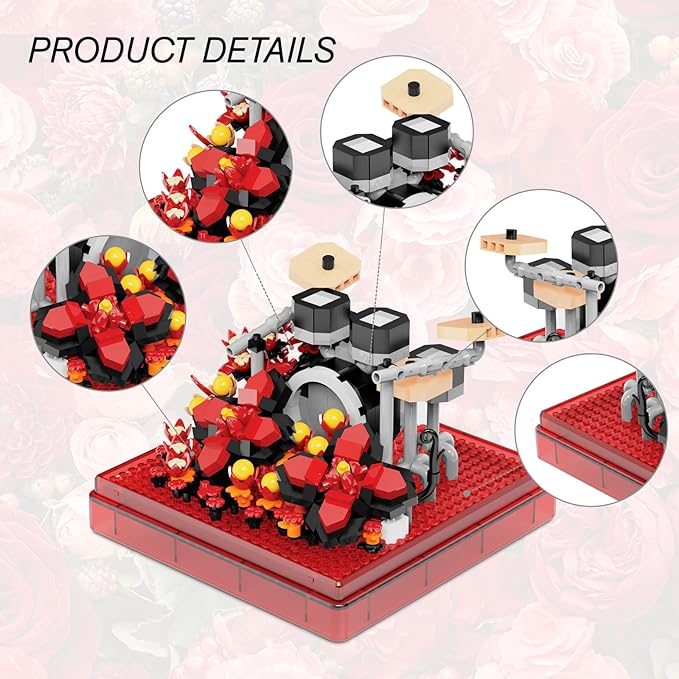 Drums Mini Building Block Sets with Colorful Flower Decor, Micro Building Sets with Dust Cover,Gift for Girl,Lover,Mother, Home Office Decor Kit Suit for Kids and Adult Aged 8+(Drums)