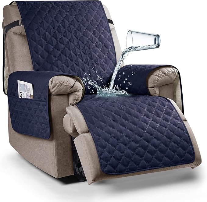 Ruaozz 100% Waterproof Recliner Chair Cover Non-Slip Oversized Reclining Cover for Large Recliner Chair Washable Chair Seat Cover with Elastic Straps for Kids, Dogs, Pets (Dark Blue, 28'')