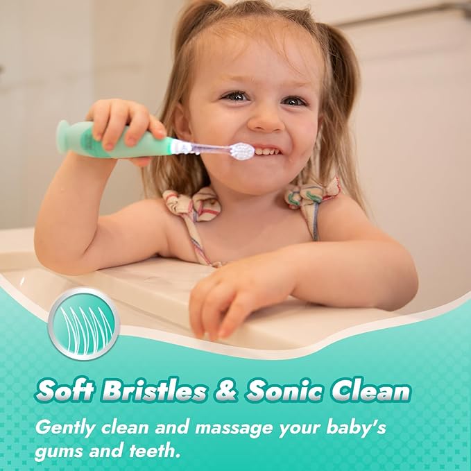 Papablic Toddler Sonic Electric Toothbrush for Ages 1-3 Years, Baby Electric Toothbrush with Cute Dino Cover and Smart LED Timer, 4 Brush Heads (Jo)