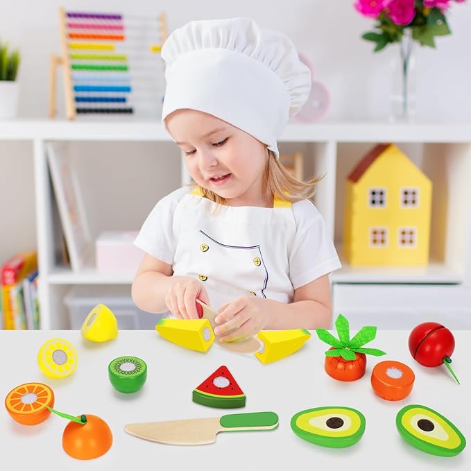 Wooden Play Food Toy Set for Kids Kitchen - 30 Pcs Montessori Cutting & Color Sorting Fake Fruit Accessories with 4 Boxes, Pretend Play Toys for Toddlers 3, Birthday Gifts for Boys Girls