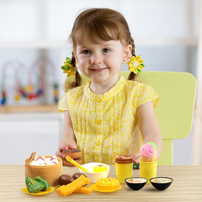 Pretend Play Toy Food Kitchen Set, Asia Dim Sum Set for Kids, Tea Time Toys Sweet Treats Suitable for Café , Birthday for Boys Girls