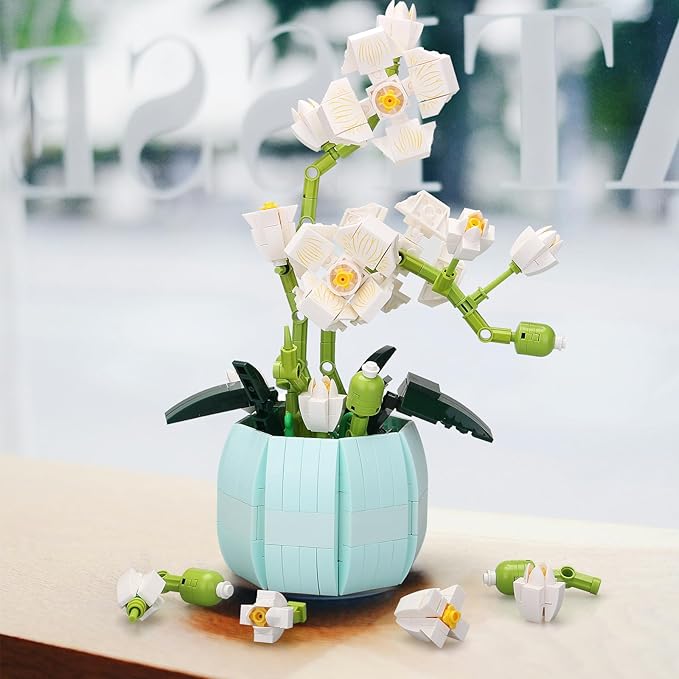 Orchid Flower Plant Botanical Bonsai Collection Bouquet Building Kit,Bonsai Tree Creative Project for Building Blocks Enthusiasts, Adults Kids Age 6+, 464 PCS StemToy (White) 63002