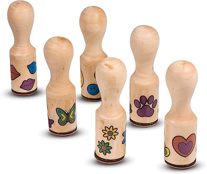 Melissa & Doug Happy Handles Wooden Stamp Set: 6 Stamps and 6-Color Stamp Pad - Kids Stamp Packs With Washable Ink, Easy To Hold Stampers For Kids Ages 4+