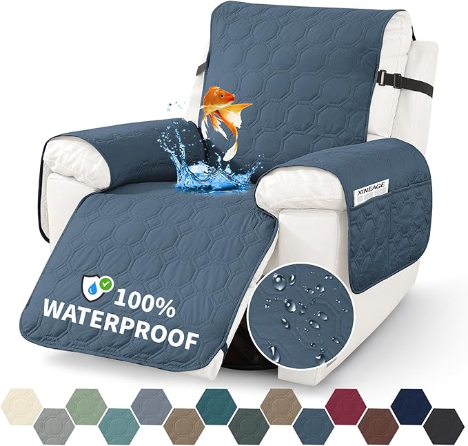 XINEAGE 100% Waterproof Recliner Chair Cover, Non Slip Covers for Recliner Chair with Pocket, Washable Dog Recliner Couch Cover with Elastic Straps (Berlin Blue, 23.6")