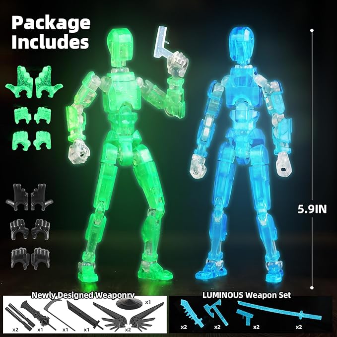 Luminous T13 Action Figure Set, 2PCS Titan 13 Robot Action Figure 3D Printed T13 Action Figure Articulated, Lucky 13 Gift for Collectors Desktop Decorations, Grow in The Dark Blue & Green