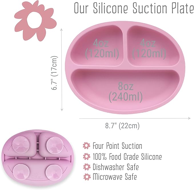 Elk and Friends Silicone Suction Plate for Babies/Toddlers + Stainless Steel Silverware Feeding Set | Divided Plate | Suction Design | Forks + Spoons Included | 3 Pack