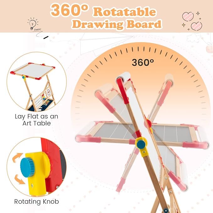 HONEY JOY Easel for Kids, Rotatable Double-Sided Wooden Toddler Easel w/Magnetic Chalkboard & White Board, Paper Roll, Painting Accessories, Dry Erase Board, Art Easel for Boys Girls