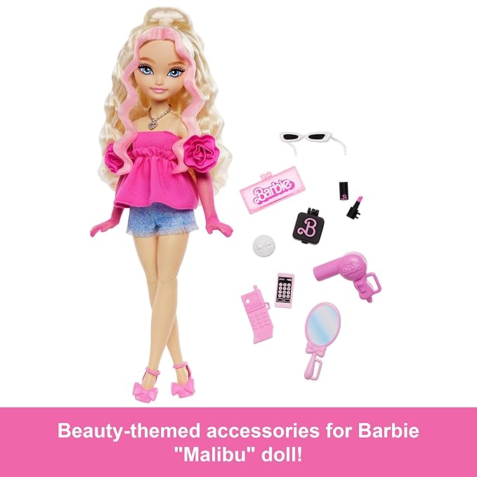 Barbie Dream Besties Doll & Accessories Playset, Malibu” Posable Fashion Doll with Wavy Blonde Hair, 11 Makeup & Hair Themed Pieces