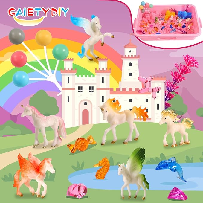 GAIETYDIY Unicorn Magic Sand Kit for Girls, Sensory Bins for Toddlers with LED Light, 2.2lbs Sensory Sand, Castle Decoration, Sandbox with lid, Unicorn Play Set, Beach Toy Gift for Kids 3 4 5 6 7 8…