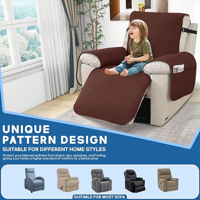 XINEAGE 100% Waterproof Recliner Cover, Non Slip Recliner Chair Cover with Elastic Band, Washable Recliner Slipcover with Storage Pockets for Kids, Pets (Coffee, 30")