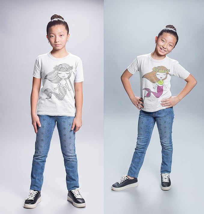 Coloring Shirt for Girls - Kit with 10 Fabric Markers and Alphabet Stencil (Mermaid, 8/9)