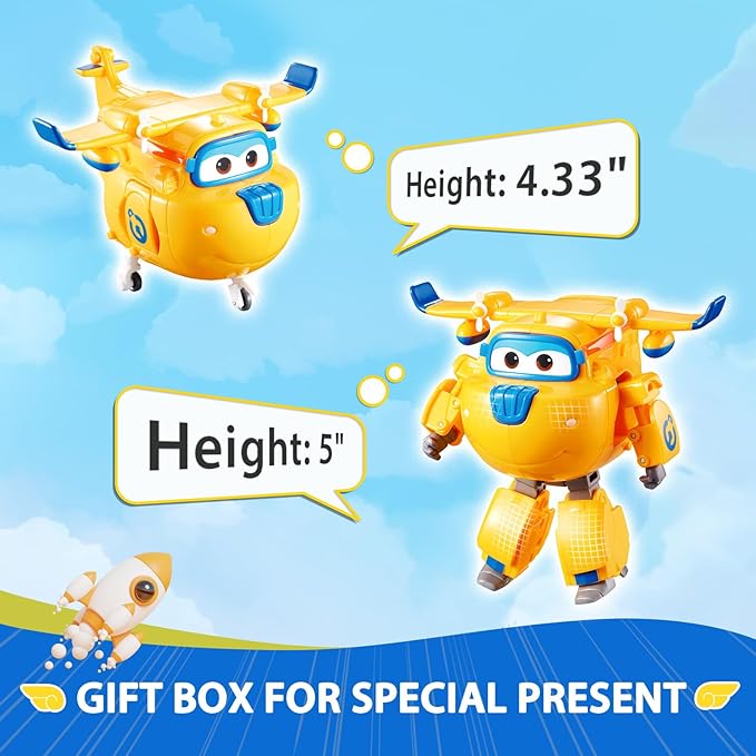 Super Wings - 5' Transforming Donnie Airplane Toys Vehicle Action Figure Plane to Robot,Suitable 3 4 5 year old Kids Fun Flying Toy Plane for Preschool Play and Birthday Gifts,Yellow