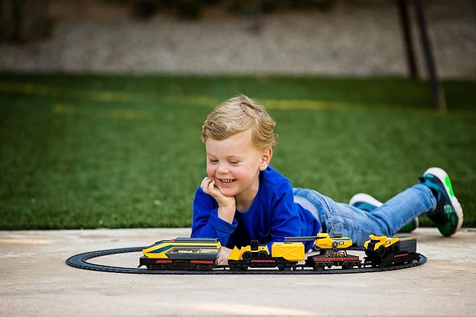 CAT Construction Toys, Little Machines Power Tracks Battery Operated Train Set, Engine with Working Headlight, 3 Rail Cars, Working Crane, 2 Magnetic Cargo Containers, and 2 CAT Trucks for Kids