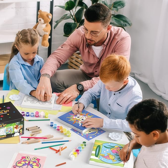 ARTEZA Kids Water Creatures Painting Kit, 4 Canvases 8 x 8 Inches, 24 Acrylic Paints, 4 Paint Brushes, 4 Palettes, Kids Activities Ages 6 and Up