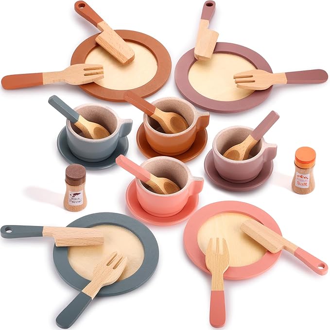 GAGAKU Wooden Dishes Kids Wooden Dishes for Play Kitchen Kids Play Dish Set Wood Plates Set for Toddler Montessori Wooden Kitchen Toys Accessories