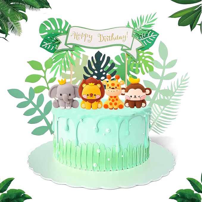 12 Pcs Jungle Safari Animal Cake Toppers with Elephant Giraffe Lion Monkey Glittery Tropical Leaves, Cute Jungle Animals Cake Decoration for Jungle Themed Party Baby Showers Kids Birthday Party