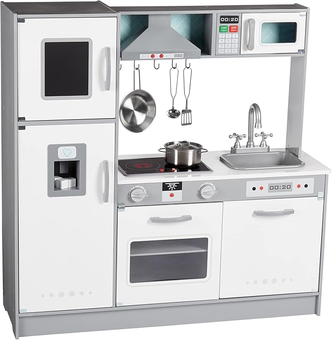 Amazon Basics Kids Upright Wooden Kitchen Toy Playset with Stove, Oven, Sink, Fridge and Accessories, for Toddlers, Preschoolers, Children Age 3+ Years, White & Gray, 39"L x 11.8"W x 39'H'