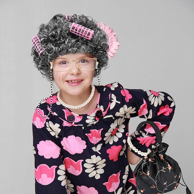 9 PCS 100 Days of School Old Lady Wig Set Include Wig Glasses Necklace Bracelet Glasses Chain Bag Cane and Stickers