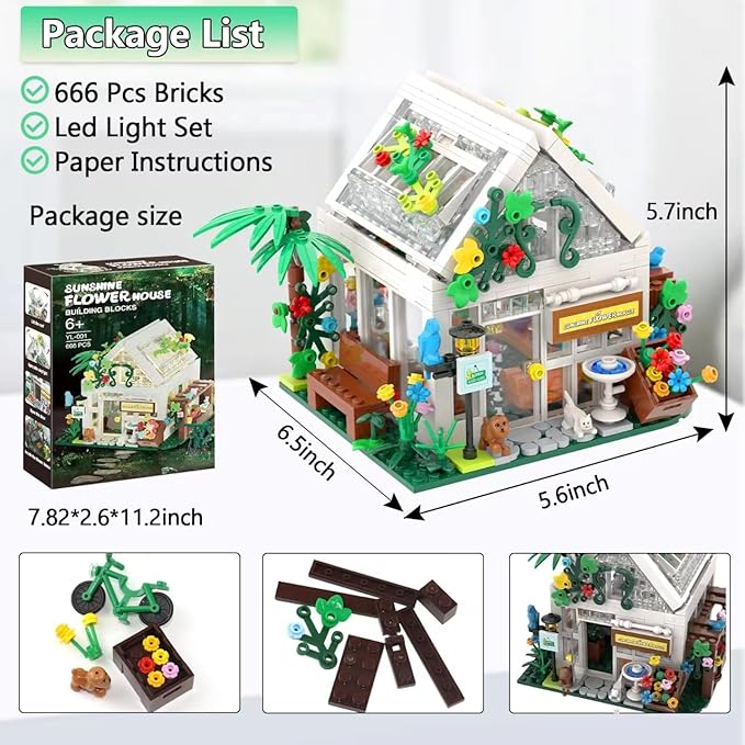 Flower House Building Blocks Set- Mini Garden Greenhouse,Flower Shop Building Kit with LED Lights,Creative Building Playset Toy,Valentines Day Gifts for Adults or Girls 6-12 Years