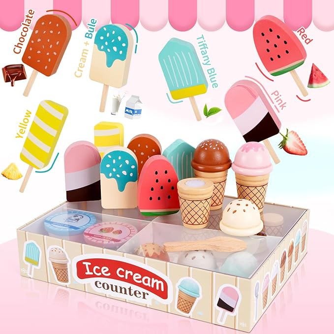 Wooden Ice Cream Toys for Toddlers 3-5, Kids Wooden Toys Play Kitchen Accessories, Play Food Sets for Kids Kitchen, Pretend Play Toys Gifts for 3 4 5 Year Old Girls Boys Birthday Christmas