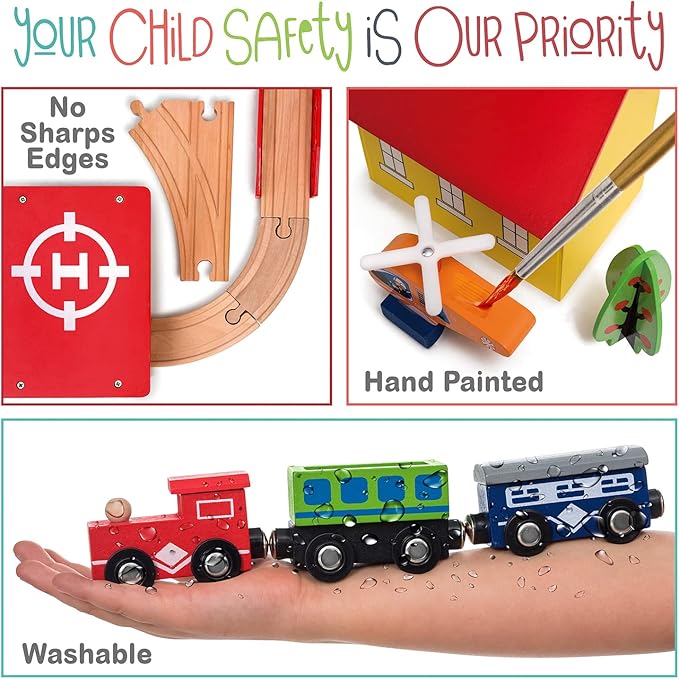 Wooden Train Set - 69 Pieces Wooden Train Tracks & Trains for Kids, Toddler Boys and Girls 3,4,5 Years Old and Up– Premium Wood Construction Toys -Fits Thomas, Brio, IKEA, Melissa and Doug