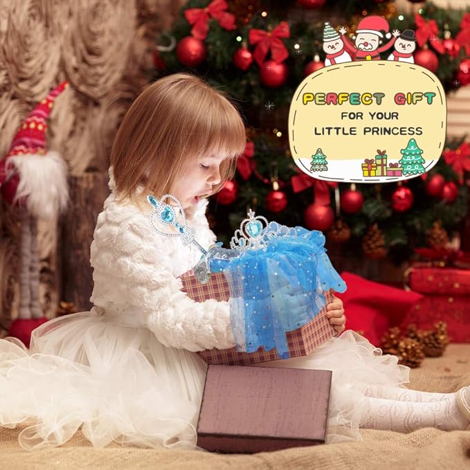 Fedio Princess Cape Set 7 Pieces Girls Princess Cloak with Tiara Crown, Wand for Little Girls Dress up (Blue)