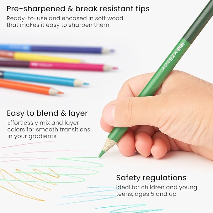 ARTEZA 100 Colored Pencils for Kids, 50 Double-Sided Pre-Sharpened Coloring Pencils for Kids for Drawing and Sketching