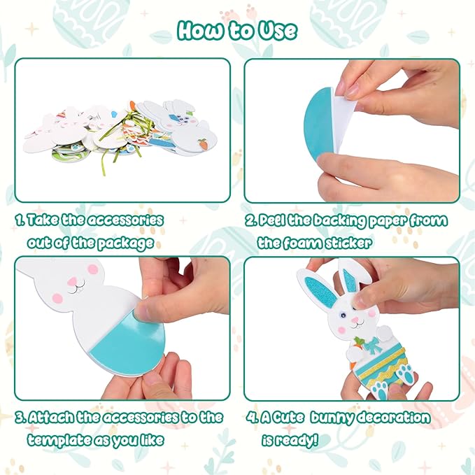 Fennoral 12 Pack Easter Bunny Craft for Kids Make You Own Easter Rabbit Foam Stickers Ornament DIY Easter Arts and Crafts for Easter Party Decoration Easter Gifts