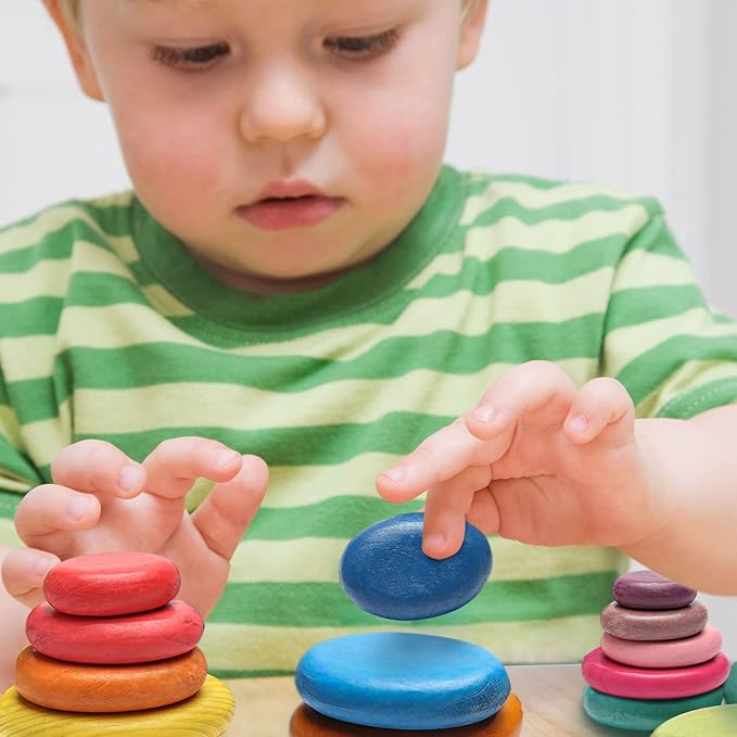 OESSUF 16pcs Extra-Large Wooden Sorting Stacking Rocks - Safe Montessori Toys for 1-3 Year Old, Waldorf Wooden Blocks for Toddlers 1-3, Smooth Stacking Stones for Toddlers, for Kids