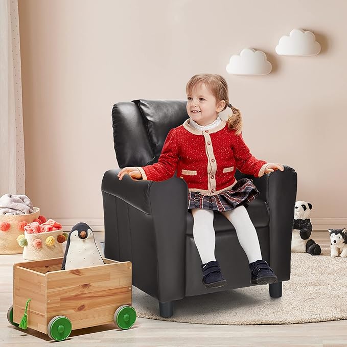 Costzon Kids Recliner Chair with Cup Holder, Toddler Furniture Children Armrest Sofa w/Headrest & Footrest for Girls Boys Baby Bedroom, Kids Room, PU Leather Kids Recliner Couch (Brown)