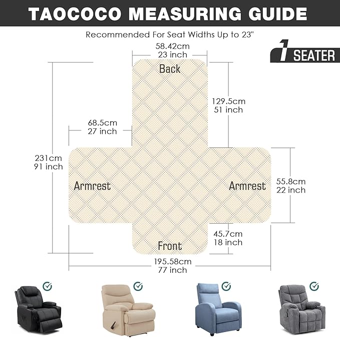TAOCOCO Waterproof Recliner Chair Covers with Leg Strap 1 Piece Recliner Covers for Recliner Chair for Pets Kids, Washable Reclining Chair Cover Furniture Protector with Straps (23'' Small, Off White)