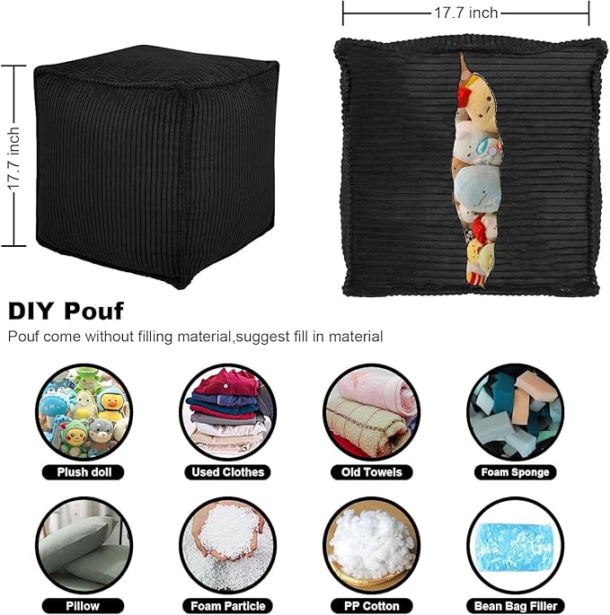 Louis Donné Unstuffed Pouf Ottoman Cover for Storage Black Square Poofy Ottomans Foot stool for Living Room Floor Cushion, Premium Corduroy Fabric, Footrest for Couch and Single Sofa 17.7"(Only Cover)