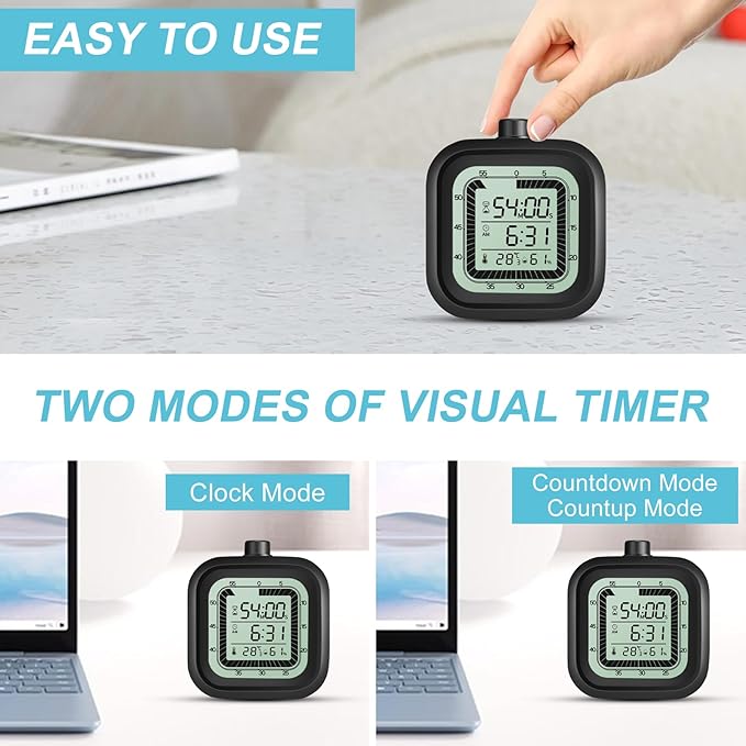 Visual Timer with Alarm Clock Kids Timer Countdown Count-up 1-60 Minutes Kitchen Timer Student Timer Bathroom Timer Clock Sports Timer time Manager with Digital Thermometer Hygrometer (Black)
