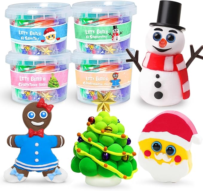 Christmas Stocking Stuffers for Kids - Christmas Crafts - Build a Snowman, Gingerbread Man, Santa & Christmas Tree - 4 Piece DIY Air Dry Clay Kit - Xmas Gifts for Girls Boys Ages 3-5 4-8 8-12