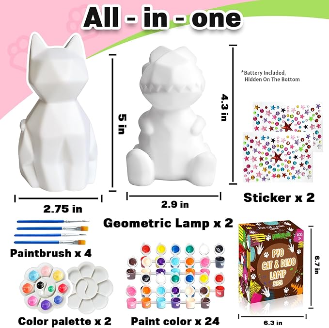 FUNZBO 2Pcs Paint Your Own Dinosaur & Cat Lamp Kit - Arts and Crafts for Kids Teens Adults, Art Supplies Painting Kits for Kids, Toys for Girls Boys Halloween Birthday Gift Ages 3+