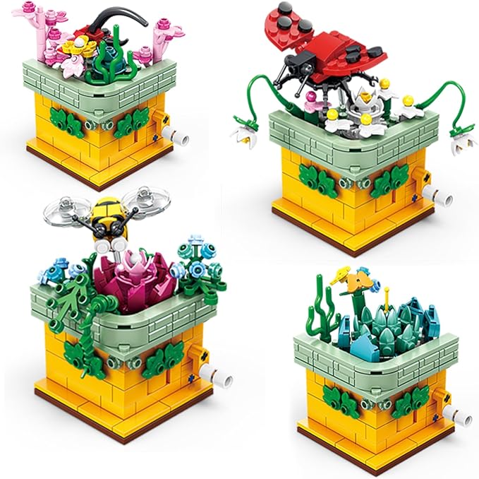 Toy Building Block, Insect Flowers Collection 4 in 1 Model Kit Bricks, Creative Insects Building Block Sets, Hobbies Christmas Birthday Gift for Nature Lovers Adult Kids Boys Girls 8+
