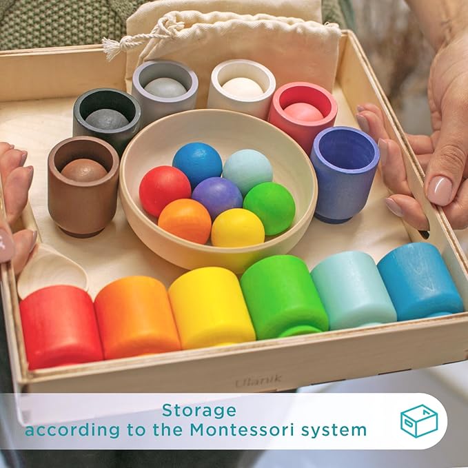 Ulanik Balls in Cups Toddler Montessori Toys for 1 Year Old + Kids Preschool Wooden Matching Games for Learning Color Sorting and Counting