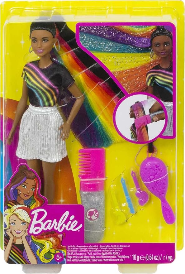 Barbie Rainbow Sparkle Hair Doll Featuring Extra-Long 7.5-inch Brunette Hair with a Hidden Rainbow of Five Colors, Sparkle Gel and Comb and Hairstyling Accessories, Gift for 5 to 7 Year Olds