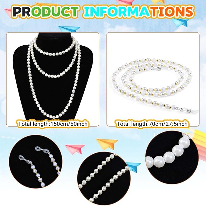Kavoc 4Pcs Old Lady Costume Accessories Granny Grandma Dress up Eyeglasses Beaded Chain Faux Pearl Bead Necklace and Bracelet