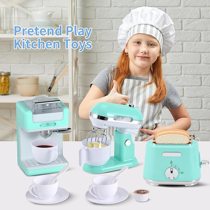Ehome Kitchen Appliances Toys, Play Kitchen Accessories Set, Pretend Kitchen Toys with Coffee Maker, Mixer, Toaster with Realistic Lights & Sounds, Kids Kitchen Playset for Girls Boys Ages 3-8